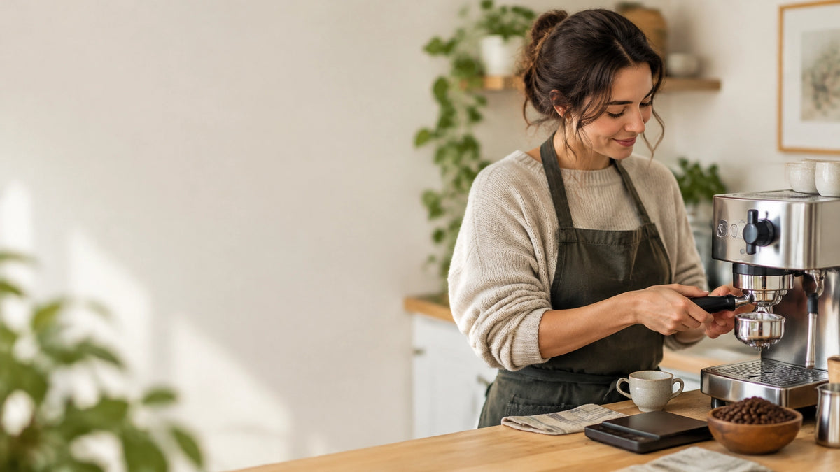 A home barista preparing espresso in a softly lit kitchen